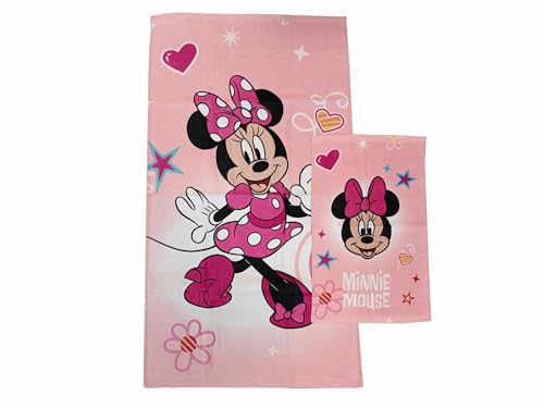 Disney Minnie Maus, Frottee-Badetücher, Set mit 2 Handtüchern, Gesichtstuch, Bidet-Handtuch, Rosa, Baumwolle, 100%, Set 2 Stück, offizielles Produkt von Hermet