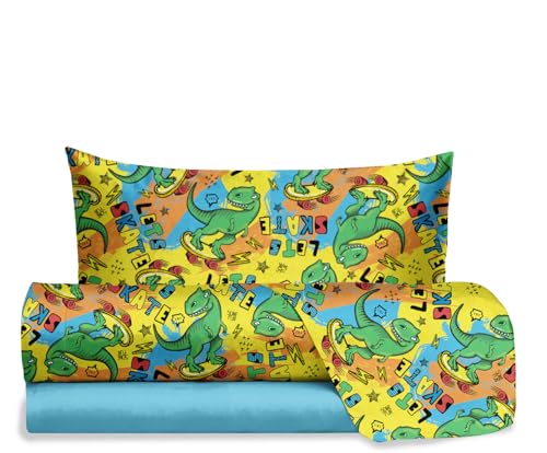 Hermet Jolly Bettwäsche-Set für Einzelbett, Dinosaurier, 100% Baumwolle, Bettlaken + Spannbetttuch + Kissenbezug, Bettwäsche-Set für Kinderzimmer von Hermet