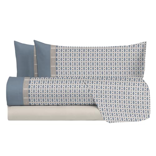 Laura Biagiotti Bettwäsche-Set für Doppelbett, Baumwolle, Bett-Set, 100% Baumwolle, Bettlaken Spannbetttuch, Paar Kissenbezüge, Geometrisches Muster, Petrol von Hermet