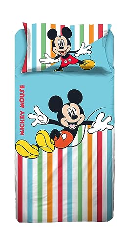 Mickey Mouse Mickey Mouse, Einzelbett-Bettlaken, Spannbettlaken, Kissenbezug, Blau, Disney, 100% Baumwolle, offizielles Produkt von Hermet