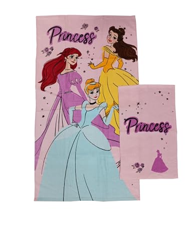 Princess Disney, Badetücher aus Frottee, Set mit 2 Handtüchern, Gesichtstuch, Bidet-Handtuch, Rosa, Baumwolle, 100%, 2 Stück, offizielles Produkt von hermet