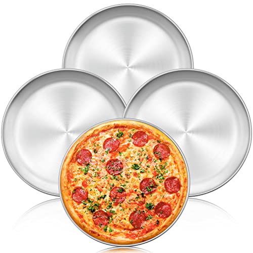 Herogo 34 cm große runde Pizza-Pfanne aus Edelstahl, 4 Stück, große gesunde Pizzablech Platte für Backofen Backen Servieren, spülmaschinenfest von Herogo