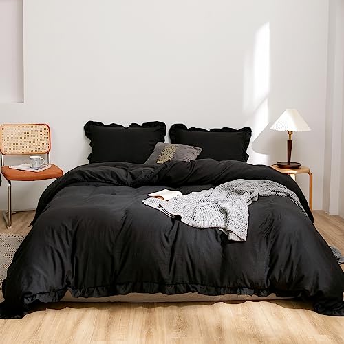 Herside Schwarz Bettwäsche 240x220 cm Rüsche Bettwäsche Sets Rüschen Design Weich Mikrofaser Böho Bettbezug mit 2 Kissenbezüge 80x80 cm (Schwarz, 240 x 220 cm) von Herside