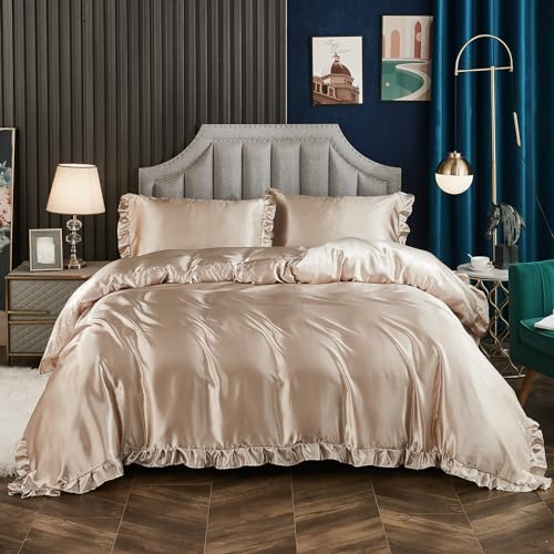 Herside Satin-Bettwäsche-Set für Einzelbett, Khaki, Rüschen, seidiger Satin, gerüscht, mit Fransen, seidiges Boho-Bettwäsche-Set, 1 Bauernhaus-Bettbezug, 1 Kissenbezug (Khaki, Einzelbett) von Herside