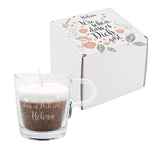 Herz & Heim® Duftkerze in Cappuccino Optik im Glas mit Wunschtext graviert Kaffeemotive Wie schön das es Dich gibt, mit Geschenkverpackung von Herz & Heim