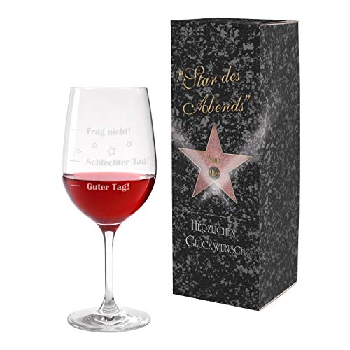 Herz & Heim® Leonardo Weinglas XL 610 ml - Guter Tag - Schlechter Tag - Frag nicht! - das Stimmungsglas als lustige Geschenkidee 5 - mit Ihrem Wunschtext auf - Star des Abends - Verpackung von Herz & Heim