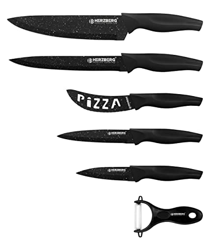 Herzberg Cuisine Professional Kitchen-Edelstahl-Schneidmesser-Ergonomisch, weicher und komfortabler Griff-Set von 5 Messern + ECONOME-Schwarz HGKL6-BMR, Ceramic von Herzberg