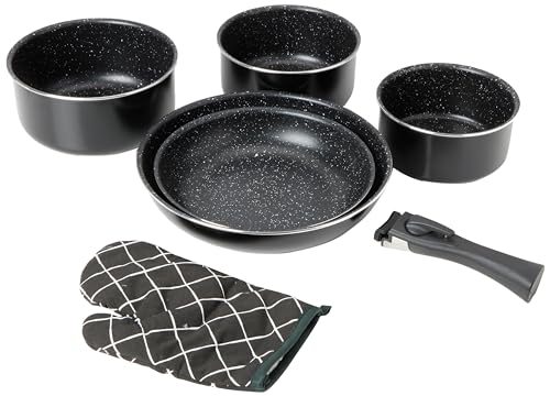 Herzberg Kochgeschirr-Set – Induktions-Set – Topf- und Pfannen-Set für alle Herdarten – Kochgeschirr mit Marmorbeschichtung und abnehmbarem Griff HG 8053 BLK, 31 x 30 x 12.5 cm von Herzberg