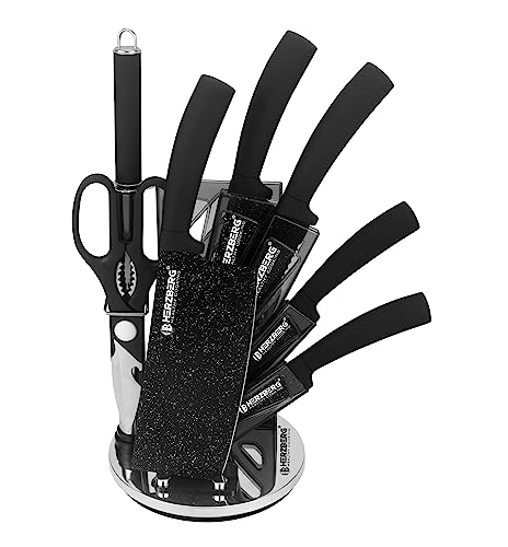 Herzberg Set Cuisine Professional Kitchen-Edelstahl-Trantmesser-Acrylunterstützung-Ergonomischer Griff-Messer mit 8-Zimmer-Stütze-Schwarz HGMSN8-BLM, Ceramic von Herzberg