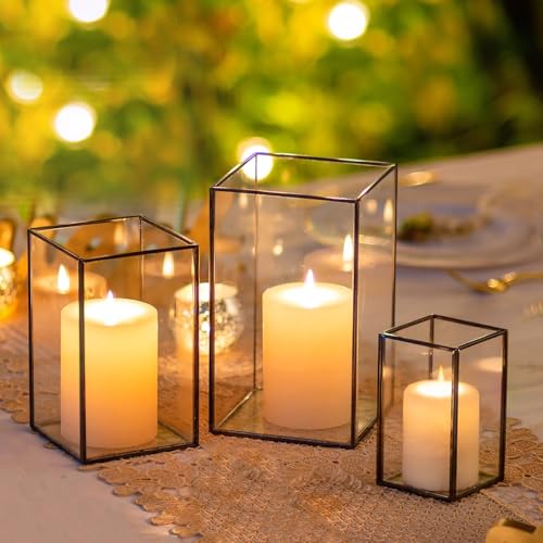 Windlicht Schwarz Wohnzimmer Laterne Deko: Hewory 3er Set Windlicht Groß Metall Windlichter Glas Kerzenständer für Tischdeko Tafelaufsatz Hochzeit Deko Esszimmer von Hewory