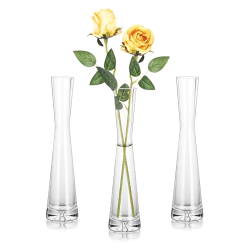 Hewory Blumenvase Modern 3er Glasvasen, 24cm Vase Schmal Vasen Glas Blumen Vase für Tischdeko, Glasvase Handmade Tulpenvase für Eine Rose für Hochzeitsdeko Tisch Deko Wohnzimmer Esstisch Startseite von Hewory