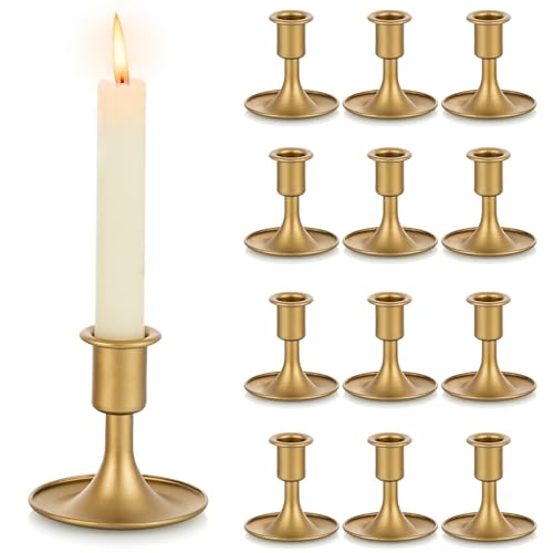 Hewory Kerzenständer Gold Kerzenhalter Stabkerze: 12er Klein Stabkerzenhalter Metall Kerzenleuchter, goldene kerzenständer stabkerzen Vintage Kerzen Halter für Deko Wohnzimmer Tischdeko Weihnachten von Hewory