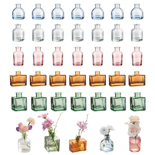 Hewory Kleine Vasen für Tischdeko: 40er Bunt Mini Vasen Set Verschiedene Deko Vase Glas, Kleine Glasvasen Mini Glasflaschen Vasen Deko, Kleine Blumenvasen für Hochzeitsdeko Party Deko Wohnzimmer von Hewory