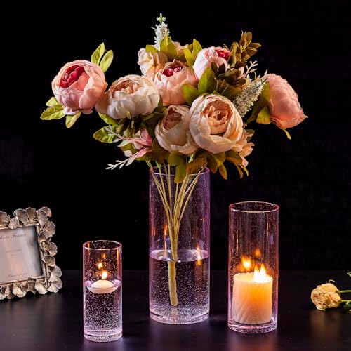 Windlicht Glas Glaszylinder für Kerzen: 3er Rosa Kerzenhalter Glas Schwimmkerzen Windlichter Glas Set, Glasvase Zylinder Glaszylinder mit Boden für Tischdeko Hochzeit Event Wohnzimmer Deko von Hewory