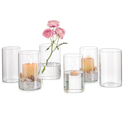 Windlicht Glas Kerzenhalter Glaszylinder für Kerzen: 6er Kerzenglas Glaszylinder mit Boden Windlichter Glas Set für Schwimmkerzen Glasvase Zylinder für Tischdeko Wohnzimmer Deko, 15cm hoch von Hewory