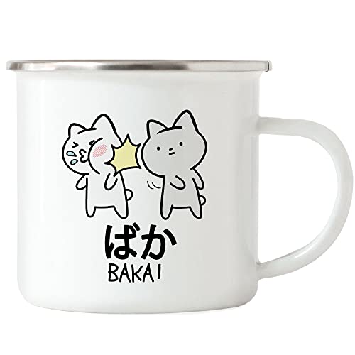 Hey!Print Baka Anime Emaille Tasse Lustiges Baka Katze Ohrfeige Cat Otaku Manga von Hey!Print