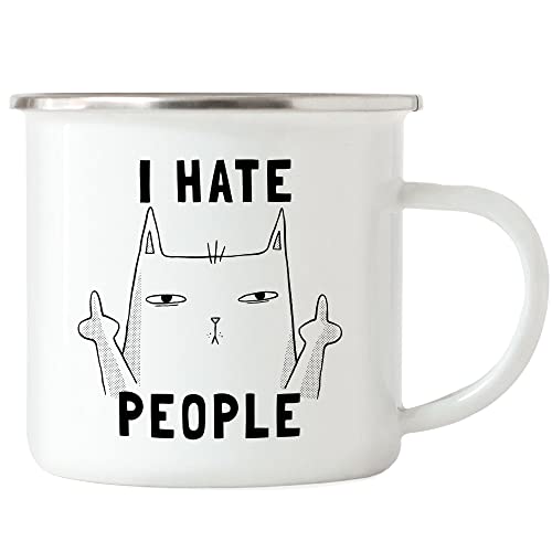 Hey!Print I Hate People Emaille Tasse Lustig Katze unhöflich Spruch Cat Katzenliebhaber Geschenk Kollege Kollegin Büro-Tasse von Hey!Print