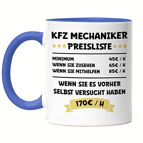 Hey!Print KFZ Mechaniker Preisliste Tasse Blau Schwarz Beruf Arbeit Job Autos Autohaus Technik Werkstatt Werkzeug Auto von Hey!Print