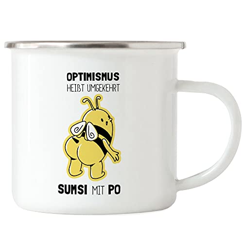 Hey!Print Optimismus Heißt Umgedreht Sumsi Mit Po Emaille Tasse Biene Geschenkidee Wortwitz von Hey!Print