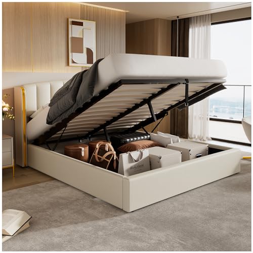 Hezezoiy Doppelbett mit Stauraum, gepolstertes Bett, 160 x 200, hydraulisches Bett, Ohr-Design mit Goldrand, PU, mit Lattenrost und Kopfteil, beige von Hezezoiy