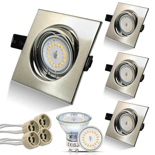 HiBay 4er LED Spots 230V Einbaustrahler Set GU10 5W Neutralweiß Einbauleuchten Schwenkbar Eckig Einbauspots Edelstahl gebürstet Decken Strahler von HiBay