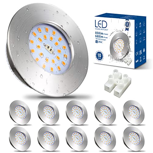 HiBay Einbaustrahler LED Flach 7W LED Spot Badezimmer IP44 Deckenspots Rund Matt Nickel 3000K Warmweiß Einbauleuchten 850lm 10er Set von HiBay