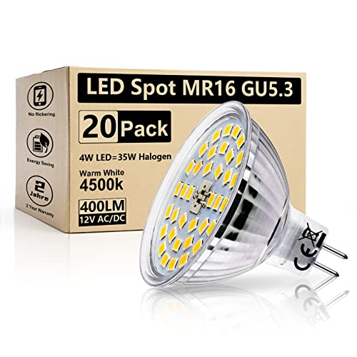 HiBay LED Lampe GU5,3 Leuchtmittel 4W MR16 LED Strahler 400 LM ersetzt 35W Neutralweiß 4500K Spot 12V AC/DC Nicht Dimmbar 20er Set von HiBay