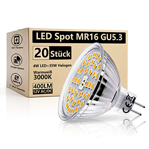 HiBay LED Lampe Strahler Leuchtmittel 12V AC/DC GU5,3 Lampen Warmweiß 3000K 4W (ersetzt 35W) 400lm MR16 Birne LED Spot 20er Set von HiBay