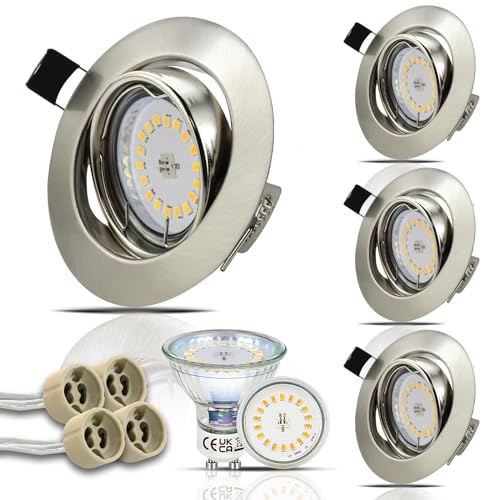 HiBay Set 4er LED Spot einbaustrahler 230V einbauleuchten mit GU10 5W Lampen Neutralweiß, Decke Einbauspots Edelstahl Gebürstet 68mm für Küche von HiBay