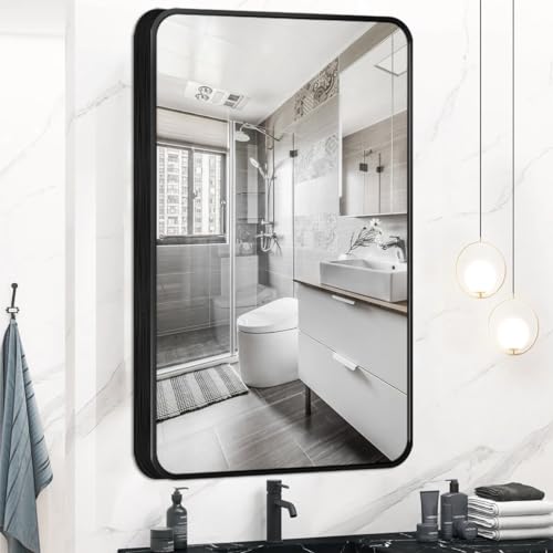 HiCycle2 Badezimmerspiegel, modern, tief, legiert, rechteckig, mit abgerundeten Ecken, Design für Eingangsbereiche, Waschräume, Wohnzimmer, Schlafzimmer (76.2 x 45.8 cm, schwarz Rechteck) von HiCycle2