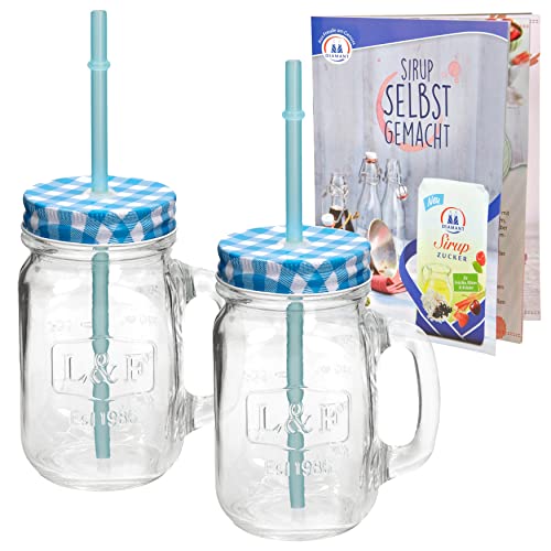 HiT 2er Set Trinkgläser mit Deckel und Strohhalm inkl. Rezeptheft I 0,5L Trinkbecher mit Strohhalm & blau-kariertem Deckel für Cocktails Säfte Smoothies uvm I Cocktailgläser - Glas mit Trinkhalm von HiT