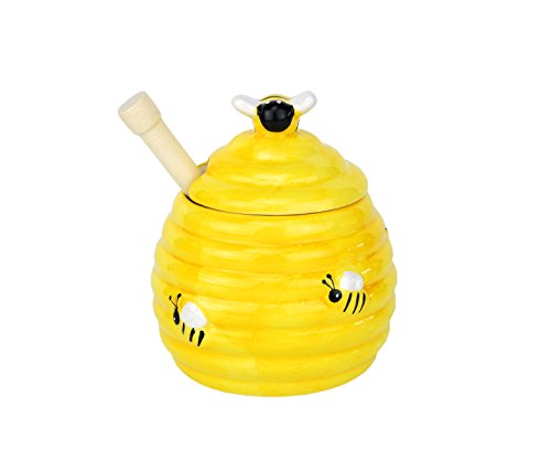 HiT 3 teiliges Set Honigtopf mit Deckel aus Keramik gelb Bienenstock Form mit Holzlöffel für Honig und Sirup I Behälter für Ahornsirup mit Keramikdeckel mit Aussparung für den Honiglöffel von HiT
