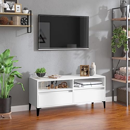 Higsose TV-Schrank 100x34,5x44,5cm Weiß,Holzwerkstoff,Metall,Fernseher Tisch Modern,Fernsehschrank Wird,Stauraumschrank,TV Unterschrank,Wohnzimmer Vitrine,Beistellschrank,HiFi-Schrank von Higsose