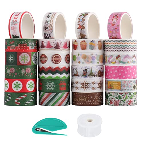 Hillylolly Washi Tape Weihnachten Set, 24 Rolls Weihnachts Washi Tape, Dekoratives Klebeband Weihnachten, Washitape Weihnachtsmotive, mit Klebebandspender und Cutter, Zum Verzieren von Geschenken von Hillylolly