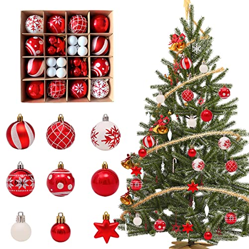 Weihnachtskugeln Kunststoff Hillylolly 42 Stück Weihnachtsbaumschmuck Set rot weiß, Christbaumkugeln Kunststoff rot weiß, Christbaumschmuck rot, Baumschmuck Baumkugeln Weihnachten Dekorationen von Hillylolly
