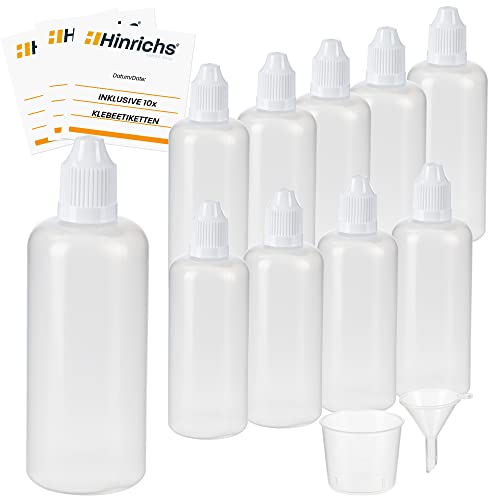 Hinrichs 10 x 100 ml Tropfflaschen mit Trichter, Messbecher und 10 Etiketten - Leere Quetschflasche zur Dosierung und Aufbewahrung - Flüssigkeiten dosieren - Tropfflasche Squeeze Bottle von Hinrichs