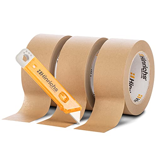 Hinrichs 3x Papierklebeband 50mm breit - 3 Rollen mit 50m Klebeband Papier - Inklusive Cuttermesser - Paketklebeband Papier für Umzug, Renovierung und Kreativarbeit von Hinrichs