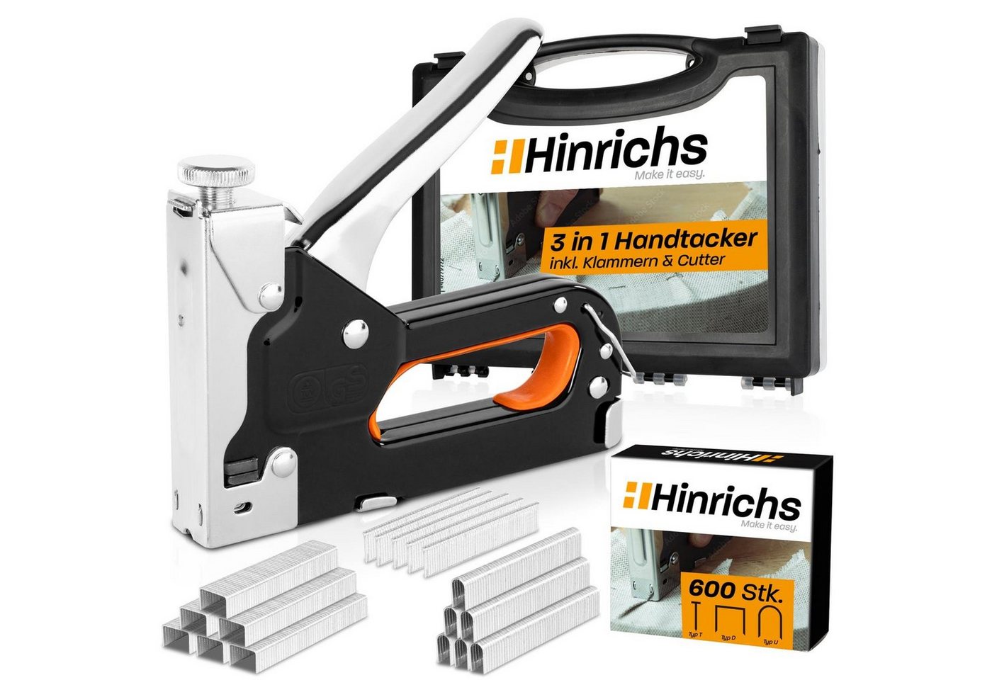 Hinrichs Handtacker Hinrichs Handtacker im Koffer mit Klammern und Nägeln, (3-in-1), Holztacker mit Nägeln von Hinrichs