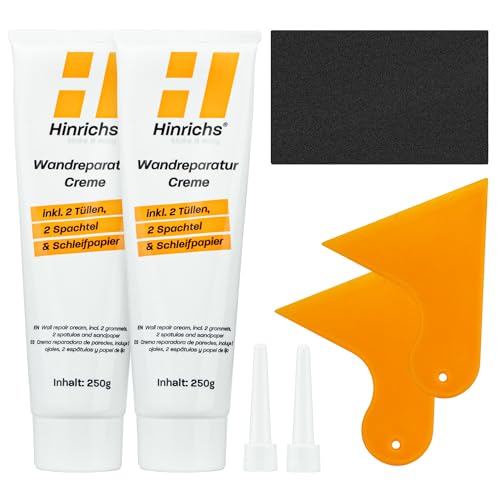 Hinrichs 500g Spachtelmasse Weiß Innen - Wand Reparatur Weiss Paste – Set aus 2x Wandspachtel 250g, 2x Instant Repair Paste, 2x Tüllen & Schleifpapier - Wall Repair Kit - Löcher Wand füllen Weiß von Hinrichs