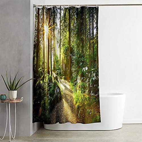 Hiser 3D Duschvorhang aus Polyester Textil, Grüner Wald Bedruckter Wasserdichter Modern Duschvorhang mit 12 Weiß C-Ringe, Badezimmer Badewannen Duschvorhänge (Dämmerung,165x180cm) von Hiser
