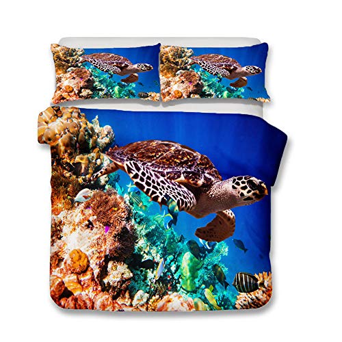 Hiser Bettwäsche Set 3D - Meer Schildkröte Drucken Bettwäsche Set 3 Teilig- Mikrofaser Bettbezug und Kissenbezug - Bedrucktes Erwachsene Kinder Bettwäsche-Set (Ozean Koralle,135x200cm) von Hiser