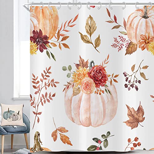 Hnmdmyi Duschvorhang Herbst 90x180, Boho Kürbis Aquarell Blumen Blätter Herbst Thanksgiving Ernte Bauernhof Badewanne Vorhang Wasserdicht Polyester Stoff Waschbar Badevorhang mit Haken von Hnmdmyi