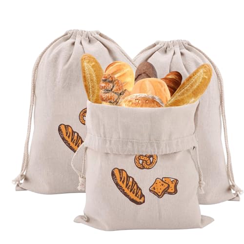 3PCS Leinen-Brotbeutel, 31cm X 38cm Wiederverwendbare Leinen Brotbeutel, Beutel für Brot, Baguette, Selbstgemachtes Brot und weitere Lebensmittel Auch Obst- undGemüsebeutel mit Kordelzug von HoaaiGo