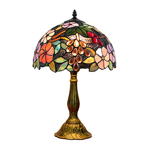 Hobaca 12 Zoll Pastoral Buntglas Trauben und Blumen Tiffany Tischlampe Handgemacht Art Dekorative Nostalgie Nachttischlampe Schlafzimmer Wohnzimmer Lampe von Hobaca