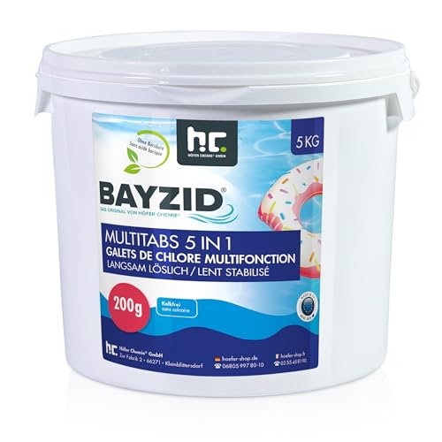 BAYZID Chlor Multitabs 5 in 1-200g Chlortabletten für Pool - 5kg - 5-Phasen Pflege & Reinigung - Made in Europe - Für kristallklares Poolwasser von Höfer Chemie