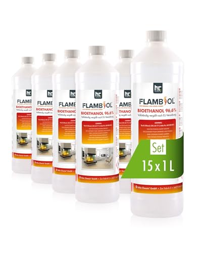 FLAMBIOL Bioethanol 96,6% Premium 15 x 1 L - Ethanol für Tischkamin, Kamin & Gartendeko für Draußen - Rauch- und Rußfrei - Aus Mais & Zuckerrüben von Höfer Chemie