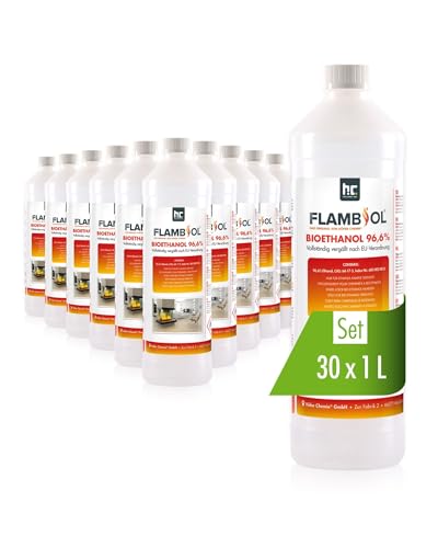 FLAMBIOL Bioethanol 96,6% Premium 30 x 1 L - Ethanol für Tischkamin, Kamin & Gartendeko für Draußen - Rauch- und Rußfrei - Aus Mais & Zuckerrüben von Höfer Chemie