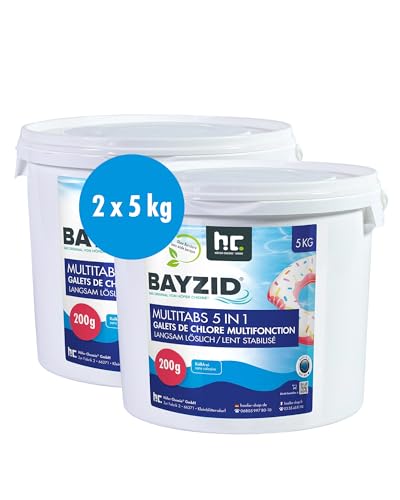BAYZID Chlor Multitabs 5 in 1-200g Chlortabletten für Pool - 2 x 5kg - 5-Phasen Pflege & Reinigung - Made in Europe - Für kristallklares Poolwasser von Höfer Chemie