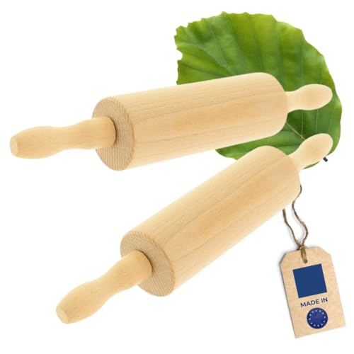 2X HOFMEISTER® Holz-Teigroller für Kinder, 26 cm, drehbare Achse, kleine Griffe für Kinderhände, einfaches Ausrollen, Back-Spaß mit dem Mini-Nudelholz, Naturprodukt aus Europa von Hofmeister Holzwaren