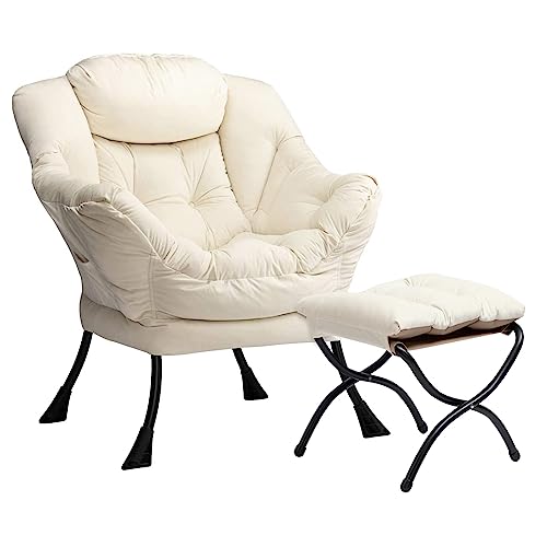 HollyHOME Relaxsessel Sessel mit Fußhocker Stahlrahmen Samtstoff Relaxliege Freizeitsofa Chaiselongue Fauler Stuhl Relax Loungesessel, Beige von HollyHOME